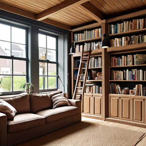 **

A cozy Dutch "woonkamer" (living room) showcasing vertical storage solutions. Tall bookshelves filled with books and decorative items reach the ceiling. Baskets and boxes sit on the upper shelves. The overall aesthetic is "gezellig" (cozy) and organized, utilizing natural light.

**