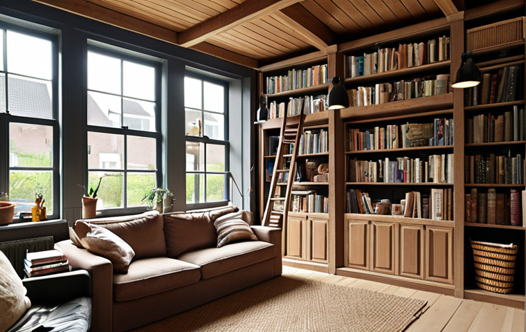 **

A cozy Dutch "woonkamer" (living room) showcasing vertical storage solutions. Tall bookshelves filled with books and decorative items reach the ceiling. Baskets and boxes sit on the upper shelves. The overall aesthetic is "gezellig" (cozy) and organized, utilizing natural light.

**