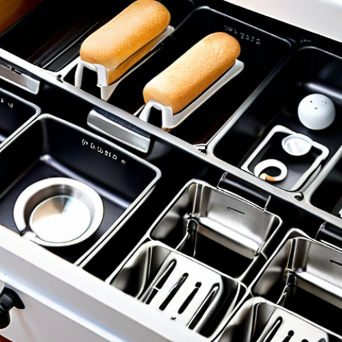 **

A well-organized kitchen drawer with adjustable dividers, neatly holding a toaster, handheld mixer, and accessories. Focus on the drawer's interior, showcasing labeled compartments and anti-slip mats.

**
