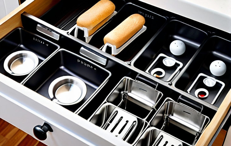 **
A well-organized kitchen drawer with adjustable dividers, neatly holding a toaster, handheld mixer, and accessories. Focus on the drawer's interior, showcasing labeled compartments and anti-slip mats.
**