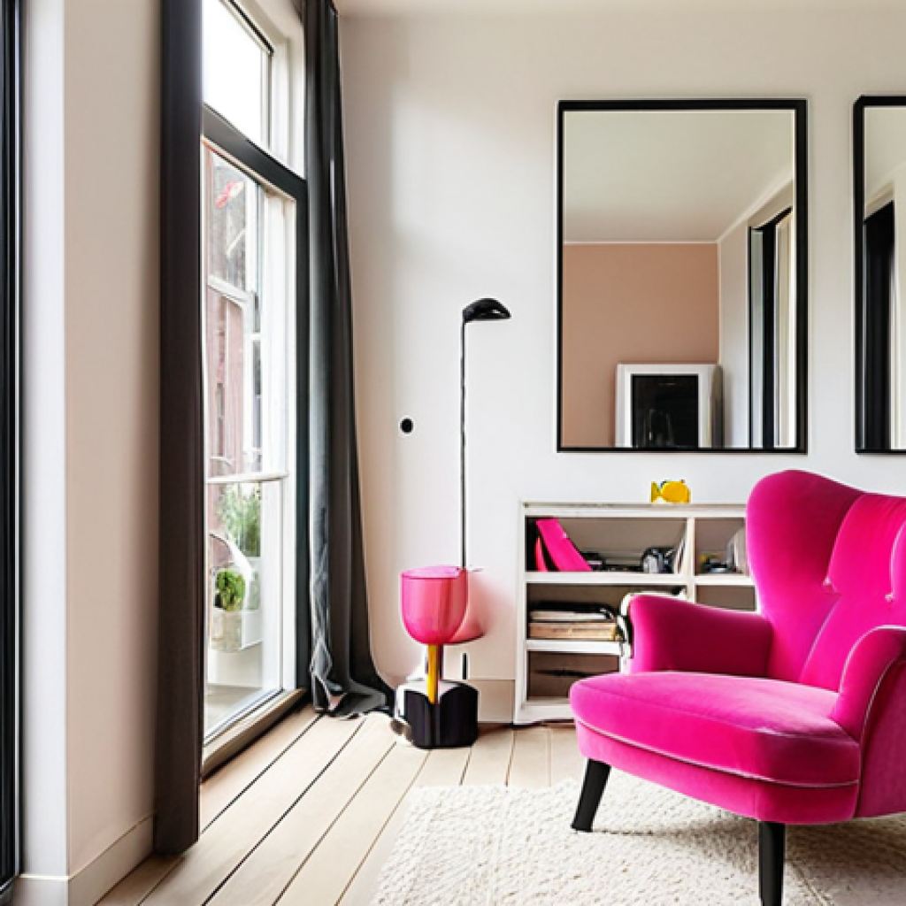 **

A bright and airy living room in a typical Dutch apartment. A large mirror strategically placed opposite a window reflects natural light, visually expanding the space. The walls are painted in a light beige color. A "knallroze" (bright pink) fauteuil adds a pop of color. Minimalist décor with functional furniture and good lighting create a spacious and inviting atmosphere. A glimpse of canals visible through the window would add a dutch touch.

**