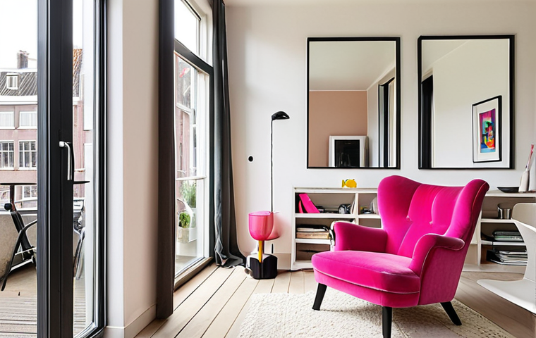 **
A bright and airy living room in a typical Dutch apartment. A large mirror strategically placed opposite a window reflects natural light, visually expanding the space. The walls are painted in a light beige color. A "knallroze" (bright pink) fauteuil adds a pop of color. Minimalist décor with functional furniture and good lighting create a spacious and inviting atmosphere. A glimpse of canals visible through the window would add a dutch touch.
**